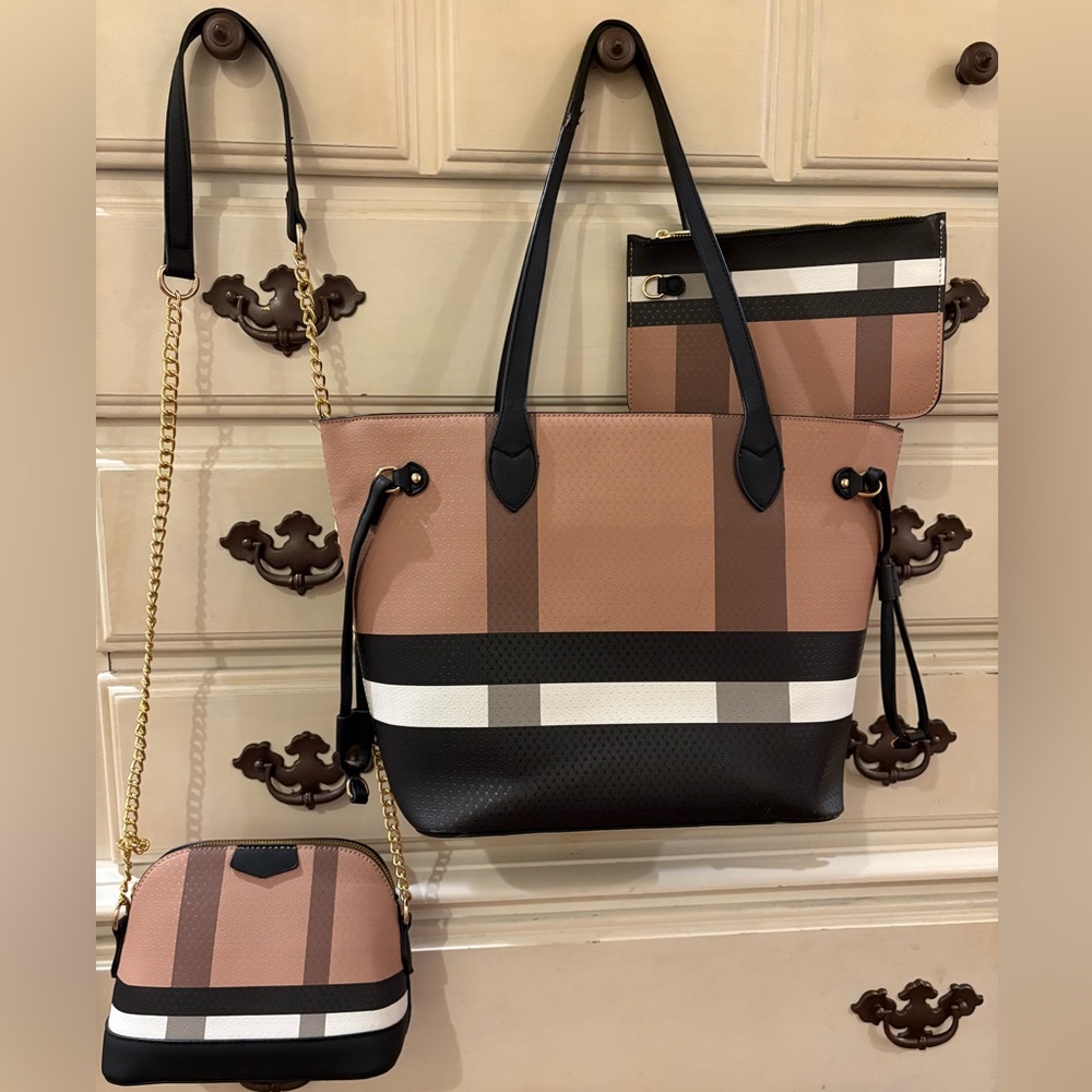 Elegant Tan and Black Women's Tote Bag Set